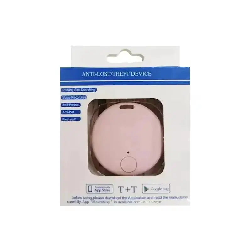 Xiaomi GPS tracker in pink oval case, Bluetooth 5.0 anti-lost device in white box with App Store and Google Play icons