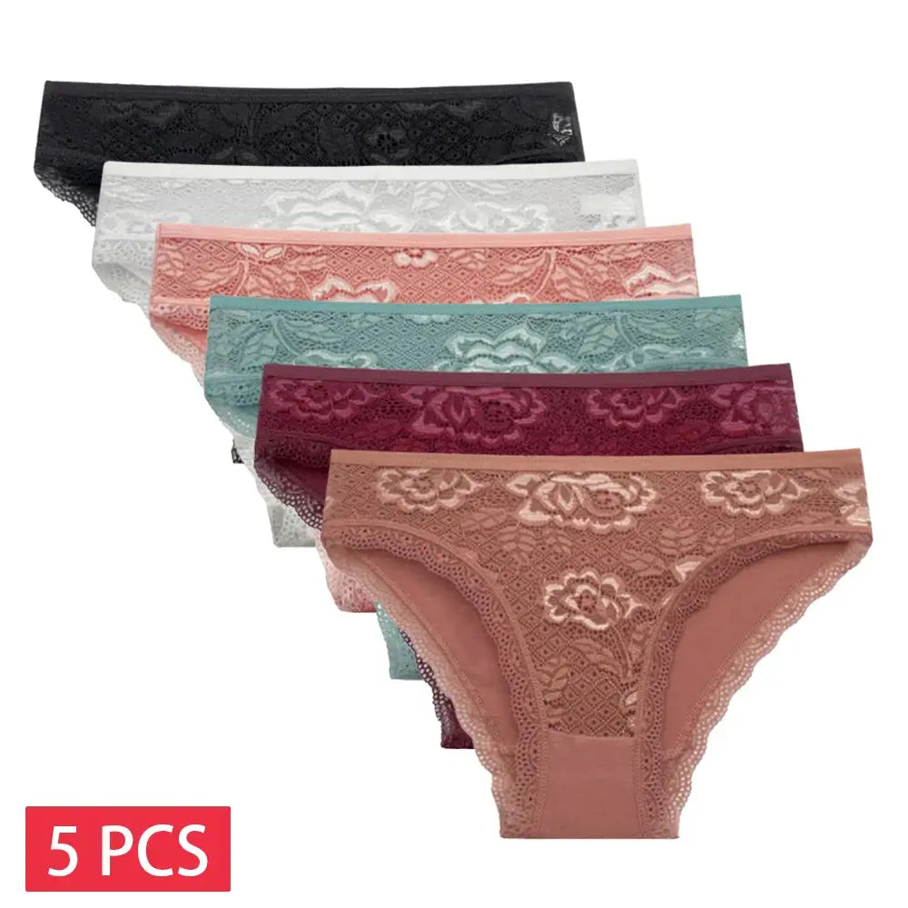 Lace panties set, 5-piece, low-rise cotton briefs for women in assorted colors
