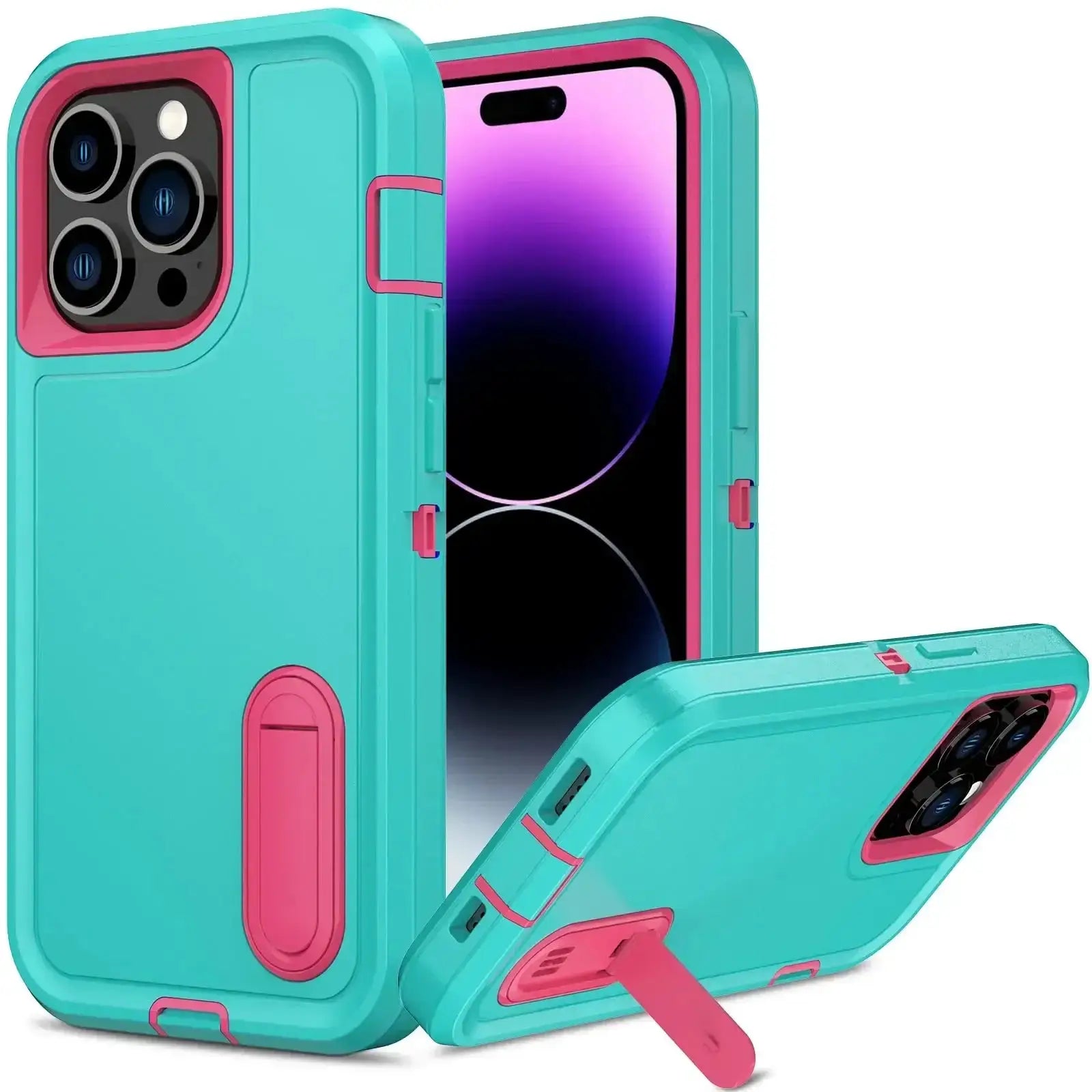 Case for iPhone by Simples Market; heavy-duty rugged kickstand cover in teal with pink accents, shockproof