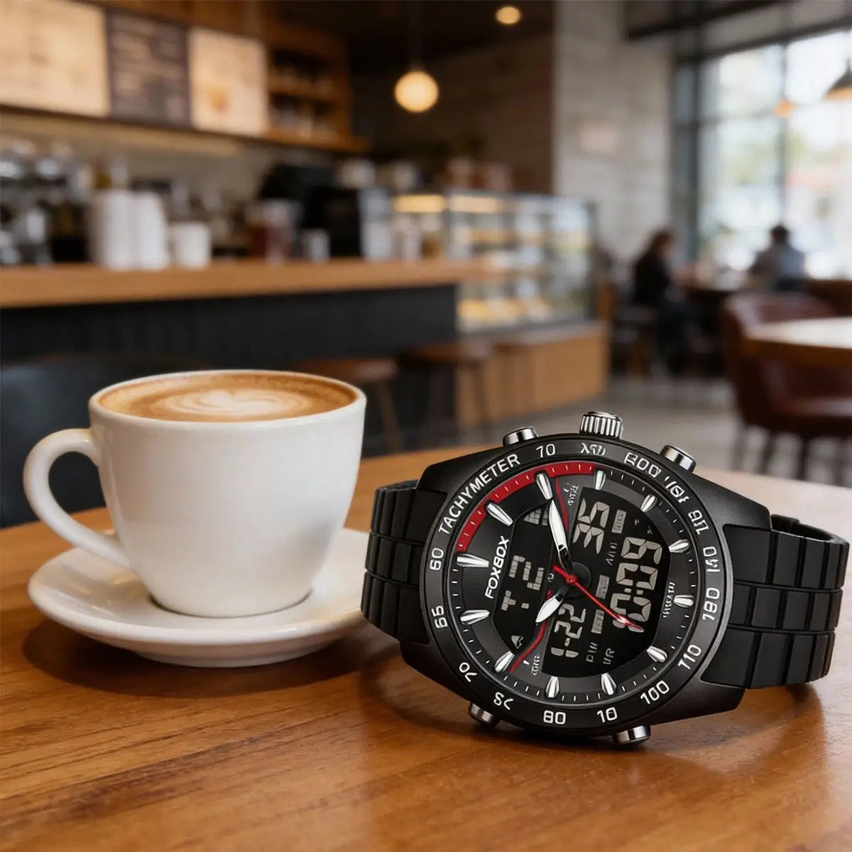 FOXBOX men's luxury digital-analog wristwatch with tachymeter bezel, black metal band on a cafe table beside a coffee cup