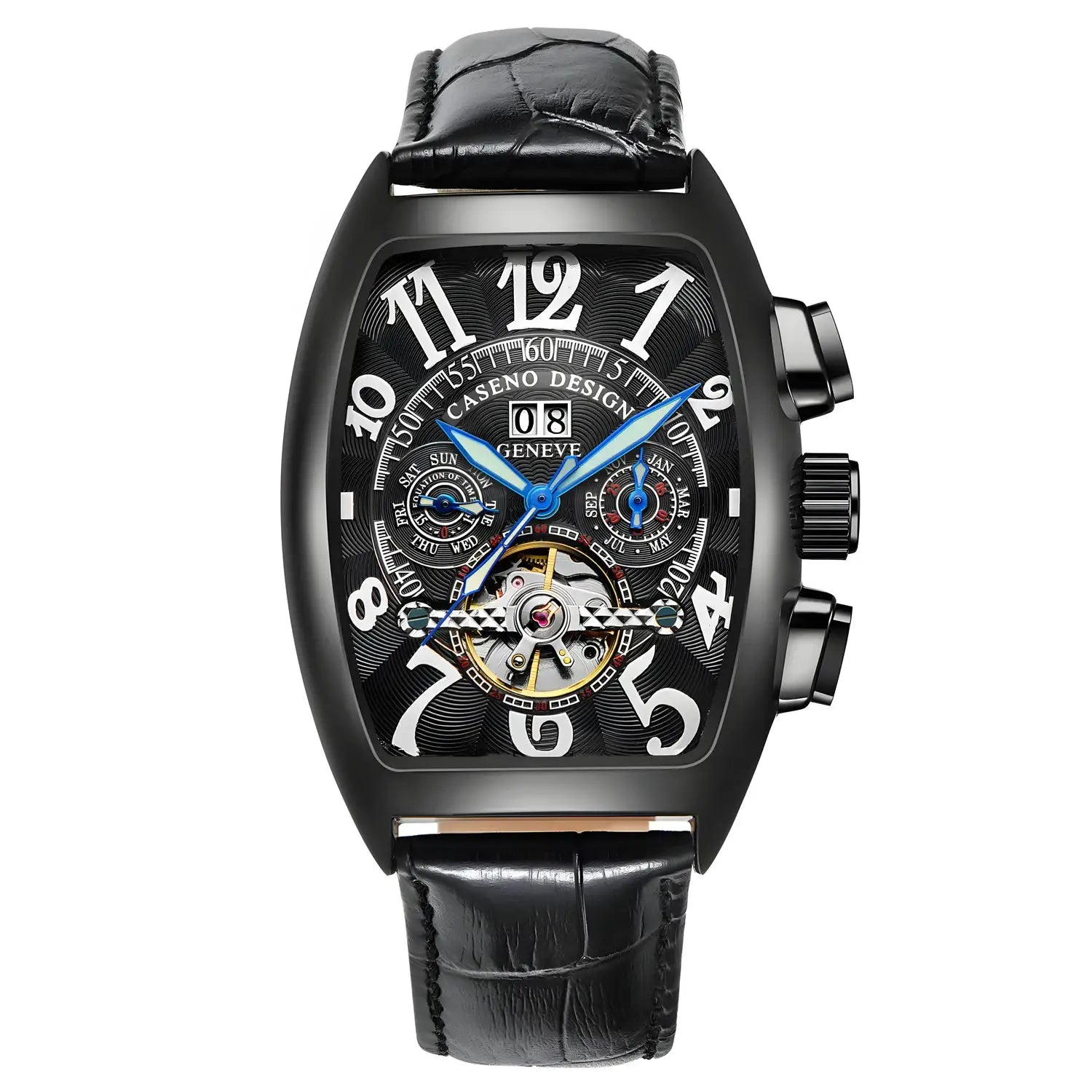 CASENO black tonneau skeleton watch with tourbillon, calendar, night-glow blue hands, leather strap — Simples Market
