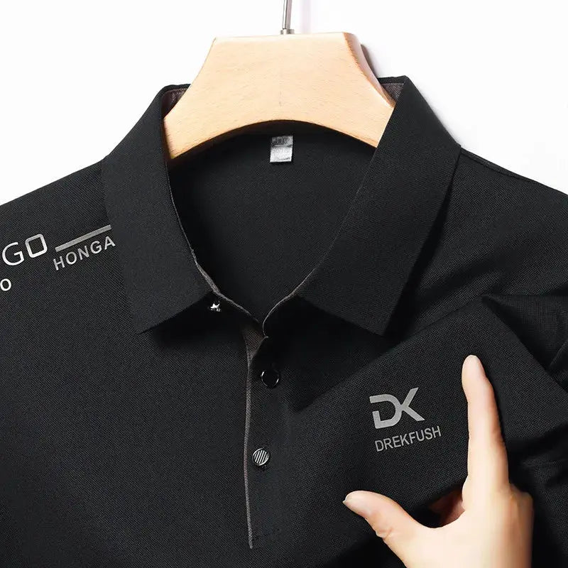 Men's black polo shirt with DK badge logo, breathable short-sleeve business top