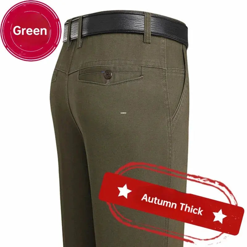 Men's green 100% cotton pants, straight loose fit with black belt and back pocket button.