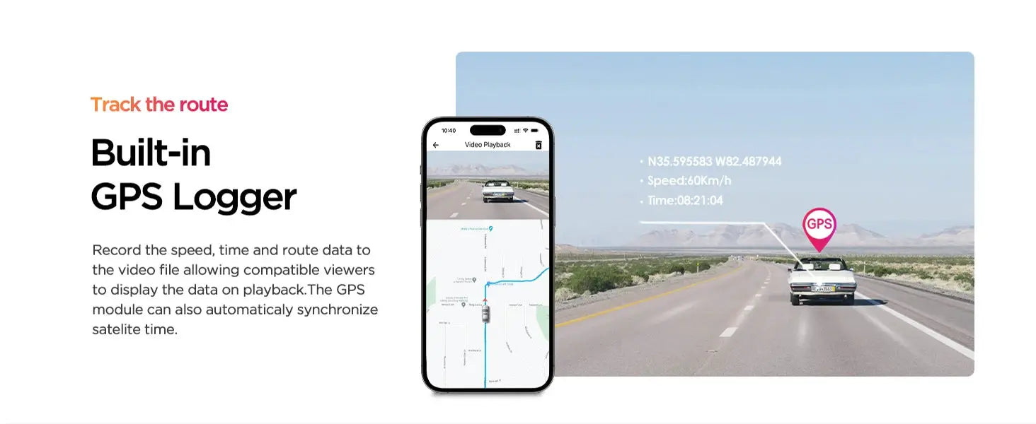 VIOFO A119MINI-2 dash cam with built-in GPS logger, shown with phone map playback on a highway
