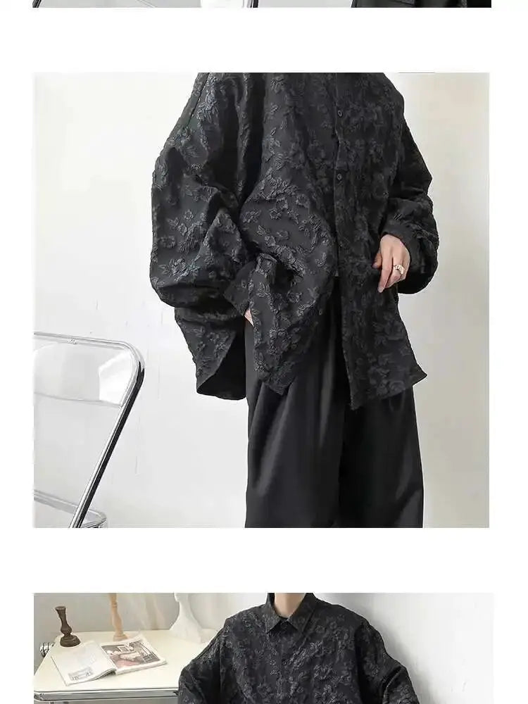 Shirt black crumpled jacquard with bat-wing sleeves, loose fit