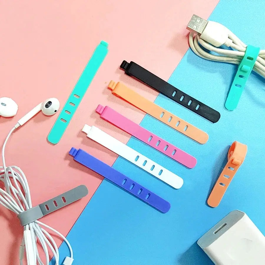 Silicone cable ties in assorted colors for cord management; reusable wire strap clips set