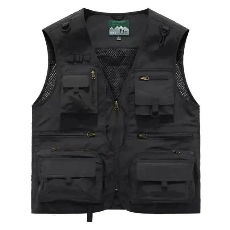 Multipocket quick-dry mesh fishing vest by Simples Market, black sleeveless tactical vest with zippered pockets