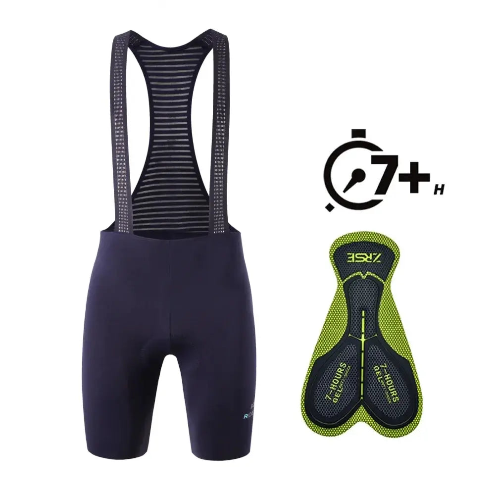 2-item set: Men's cycling bib shorts with navy fabric, striped mesh bib, padded chamois; lime-green gel pad included