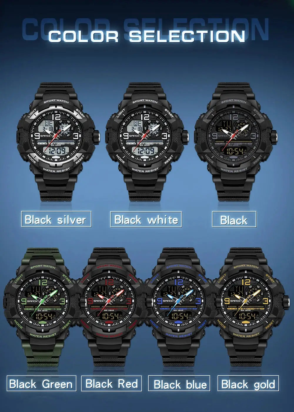 SANDA 6130 dual-display men's sport watches set in seven colors by Simples Market; waterproof digital quartz military