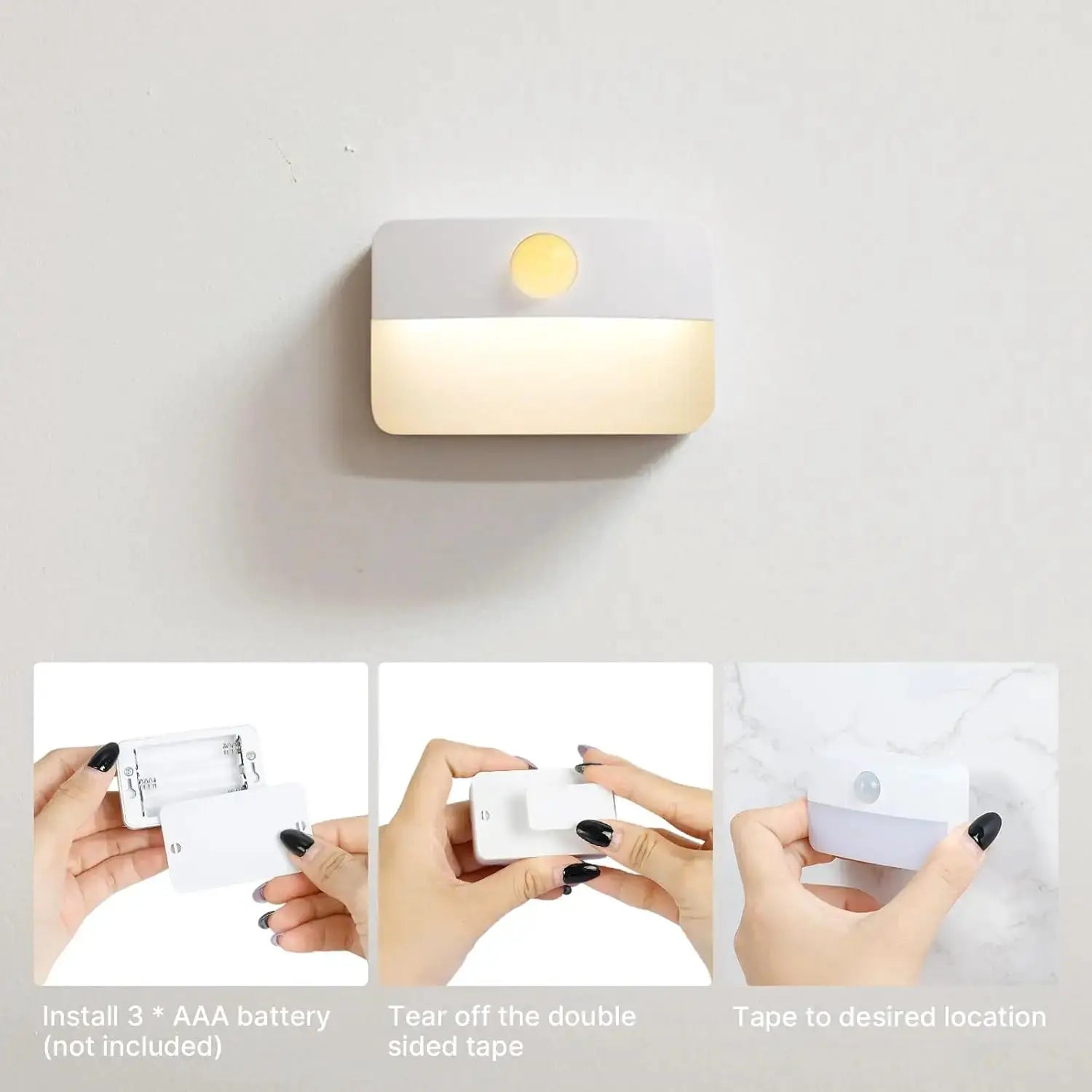 LED night light with motion sensor in white two-tone finish; wireless battery-powered bedside/cabinet lamp