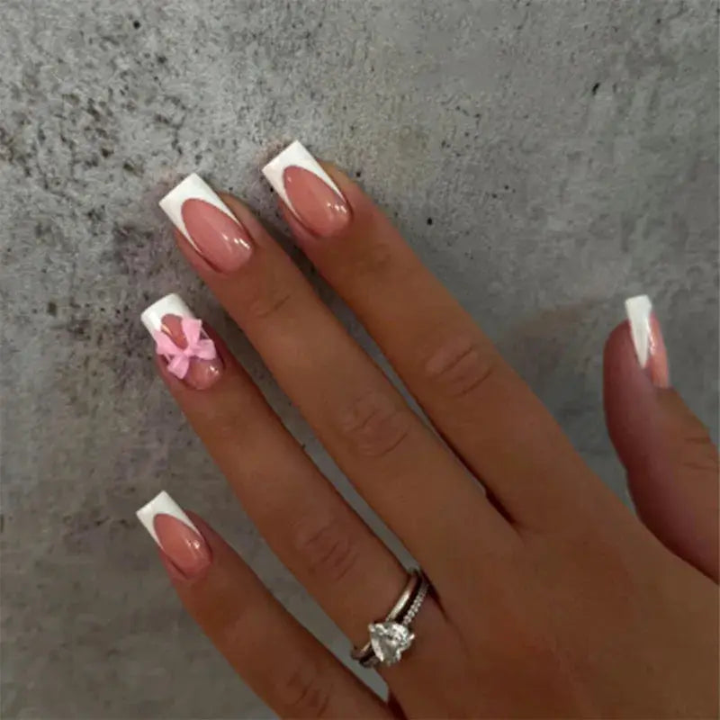 LuxeNail White French Press On Nails 3D Bowknot Full Cover Tips Durable 24Pcs DIY Manicure Set
