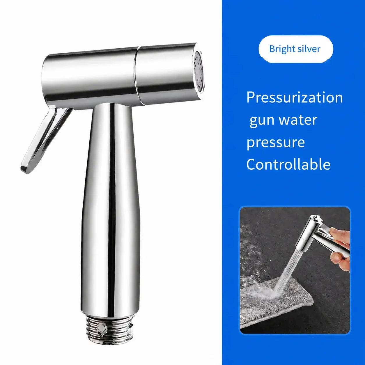 Chrome handheld bidet sprayer nozzle with lever, threaded base for toilet supply, adjustable pressurized water flow.