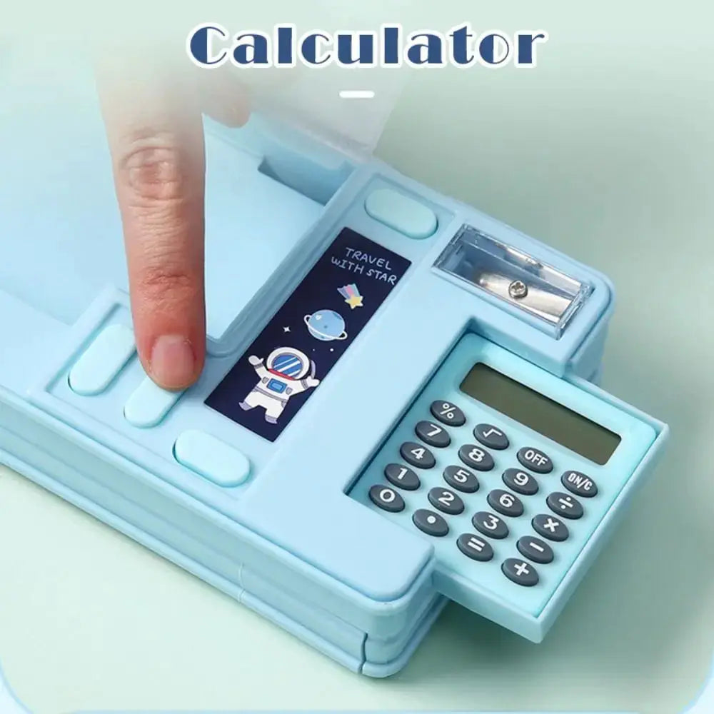 Plastic pencil case with built-in calculator and pencil sharpener in blue