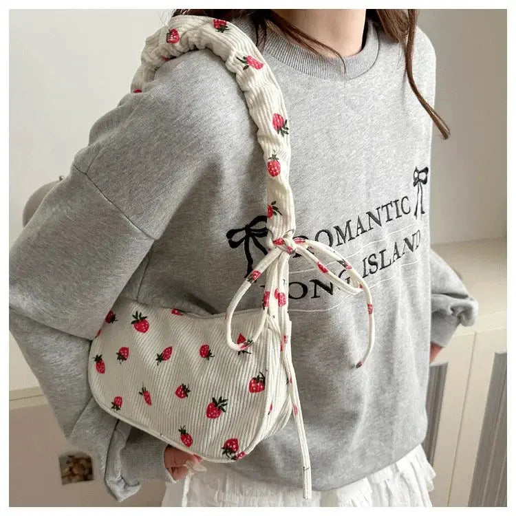 Simples Market women's cream strawberry-print corduroy mini shoulder bag with half-moon shape