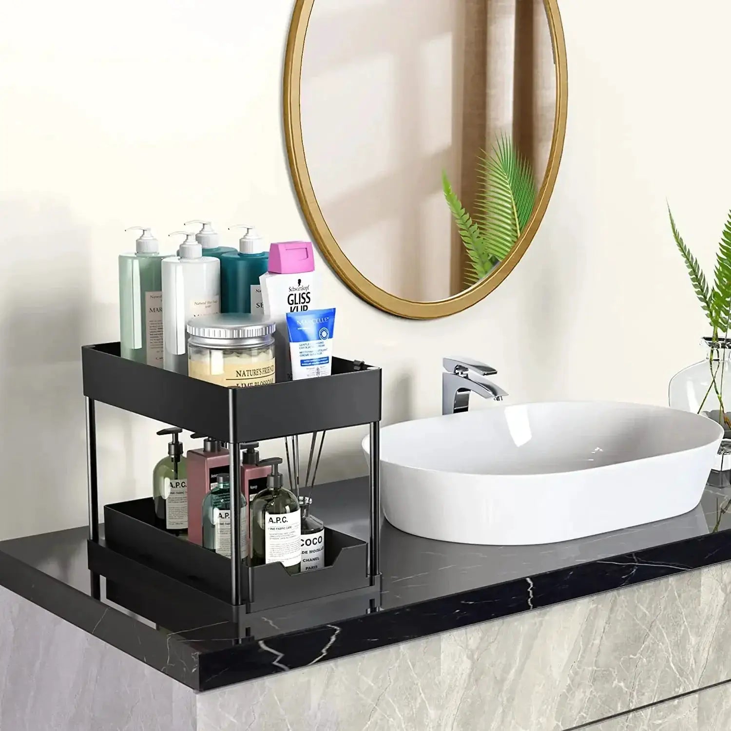 Simples Market 2-tier under-sink sliding cabinet organizer with hooks, black metal rack for bathroom vanity