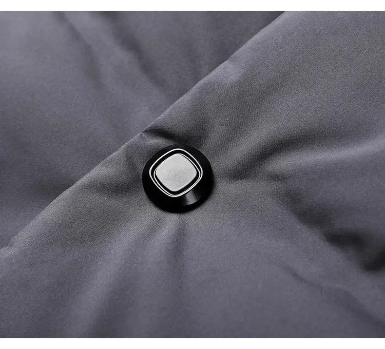 Men's gray down jacket with metal snap button detail