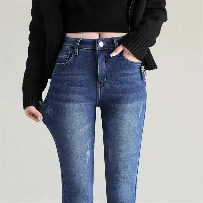Women Thermal Skinny Jeans With Plush Lining Warm Winter Denim Pants