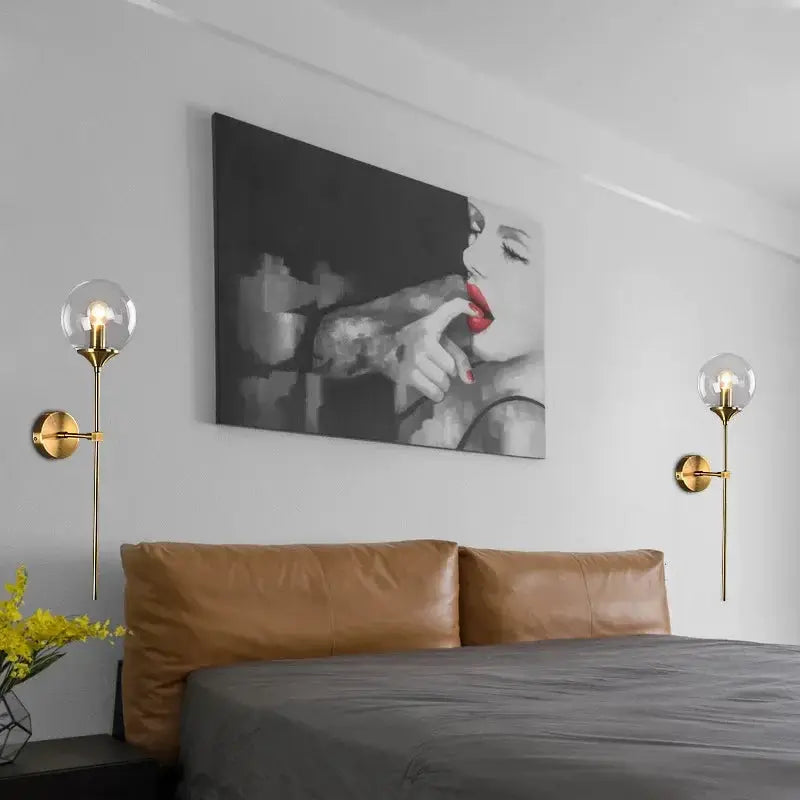 Modern glass wall lamps by Simples Market, two golden round sconces for bedroom decor.