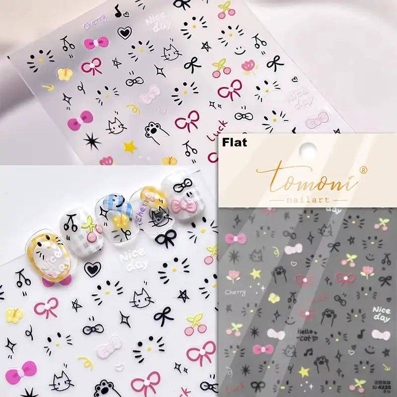 Tomoni nailart: pink translucent peach jelly 5D embossed self-adhesive nail decals with cute fruit and bows