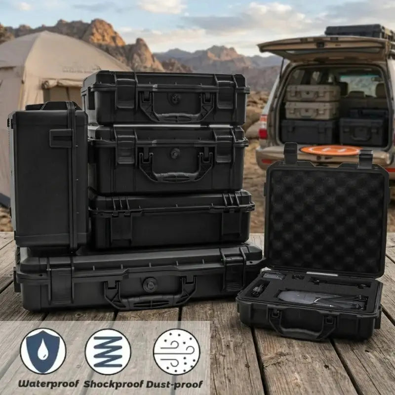 Simples Market hard-shell tool storage case set with foam padding; waterproof, shockproof, dust-proof, black cases.