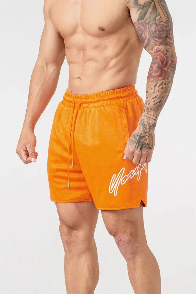Men's orange mesh beach swim shorts by Simples Market with drawstring waist and white logo