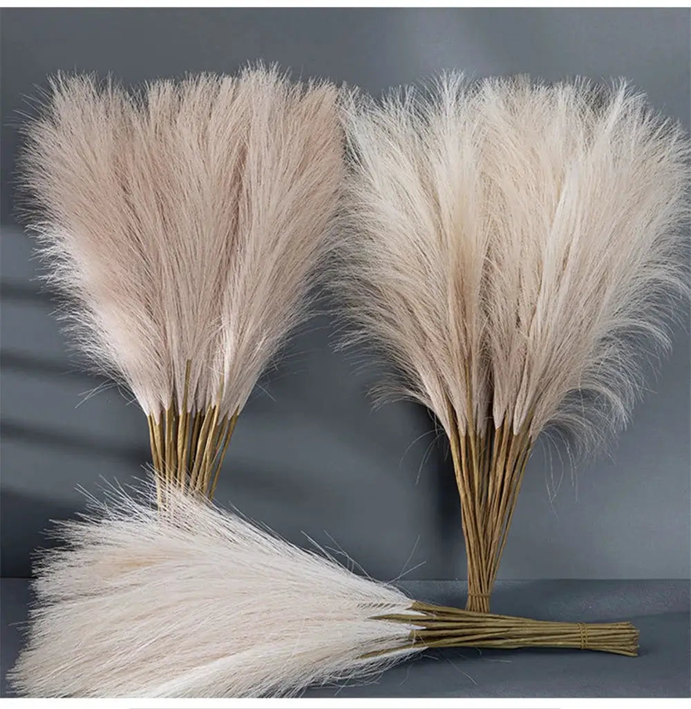 Three fluffy pampas grass bundles; cream-beige artificial reeds, 42cm tall for boho home decor