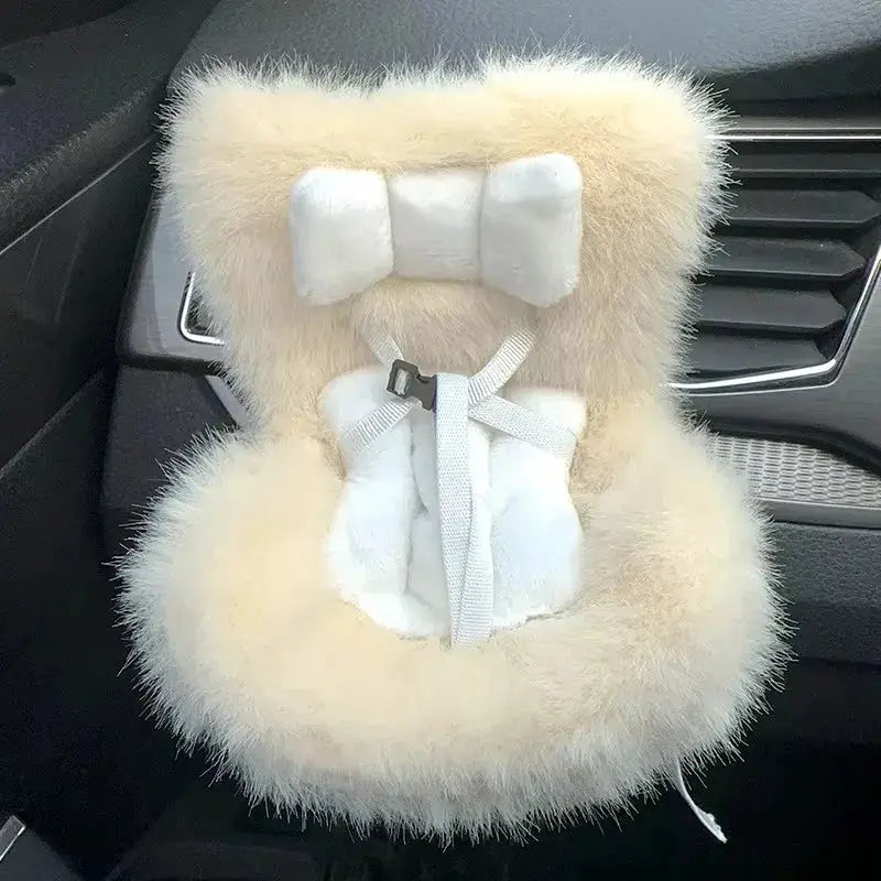 Car doll safety seat, plush beige fur with white bow and harness for 17cm doll