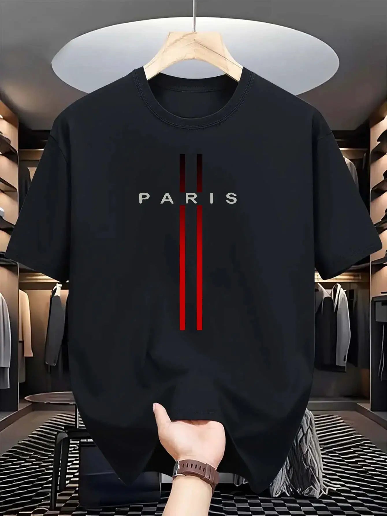 Men's 100 Percent Cotton Summer T Shirt Loose Fit Paris Letter Print Round Neck Short Sleeve Top