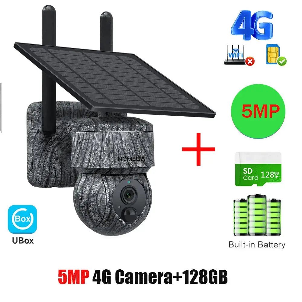 INQMEGA 5MP PTZ solar CCTV camera with 4G SIM, solar panel, WiFi, two-way audio, built-in battery, 128GB SD card