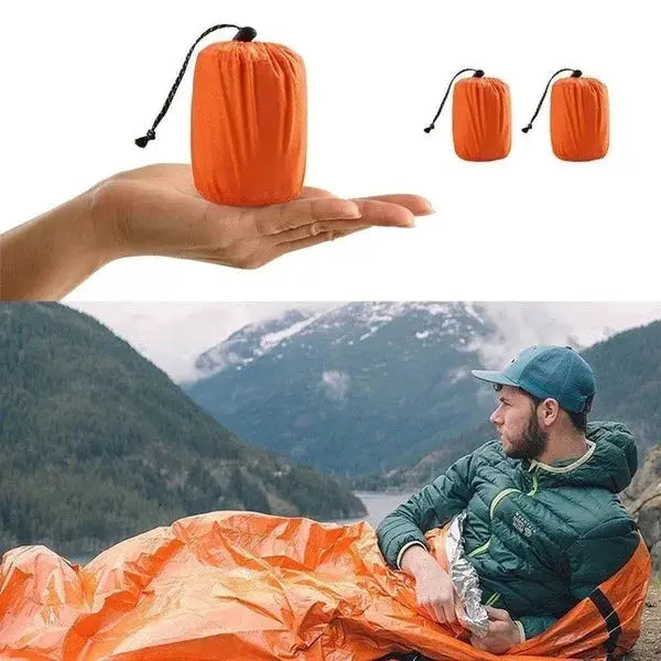 Simples Market portable waterproof emergency survival sleeping bag Mylar blanket, orange; 3 compact pouches.