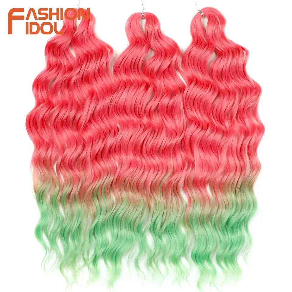 Anna Hair synthetic loose deep wave braiding extensions by Fashion Idol, 24 inch pink-to-green ombre, 3 bundles