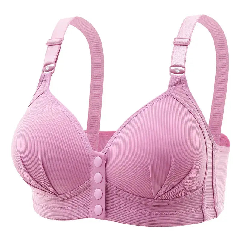 Pink front-closure push-up bra with adjustable straps and breathable cups