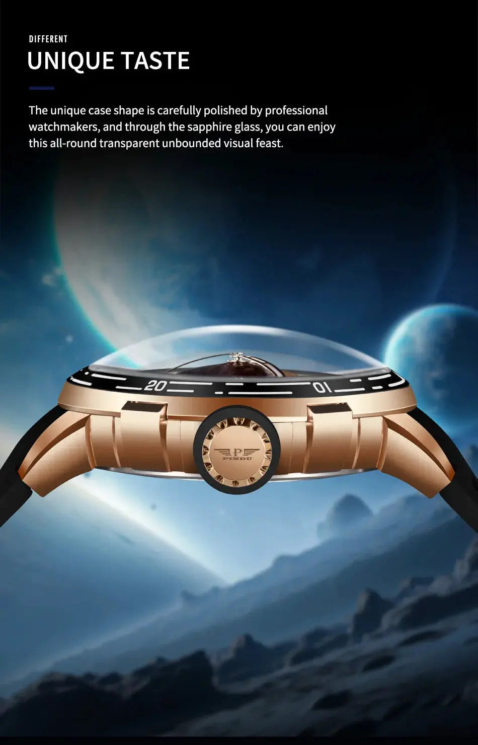 PINDU Planet Series men's watch in rose-gold tone with black silicone strap