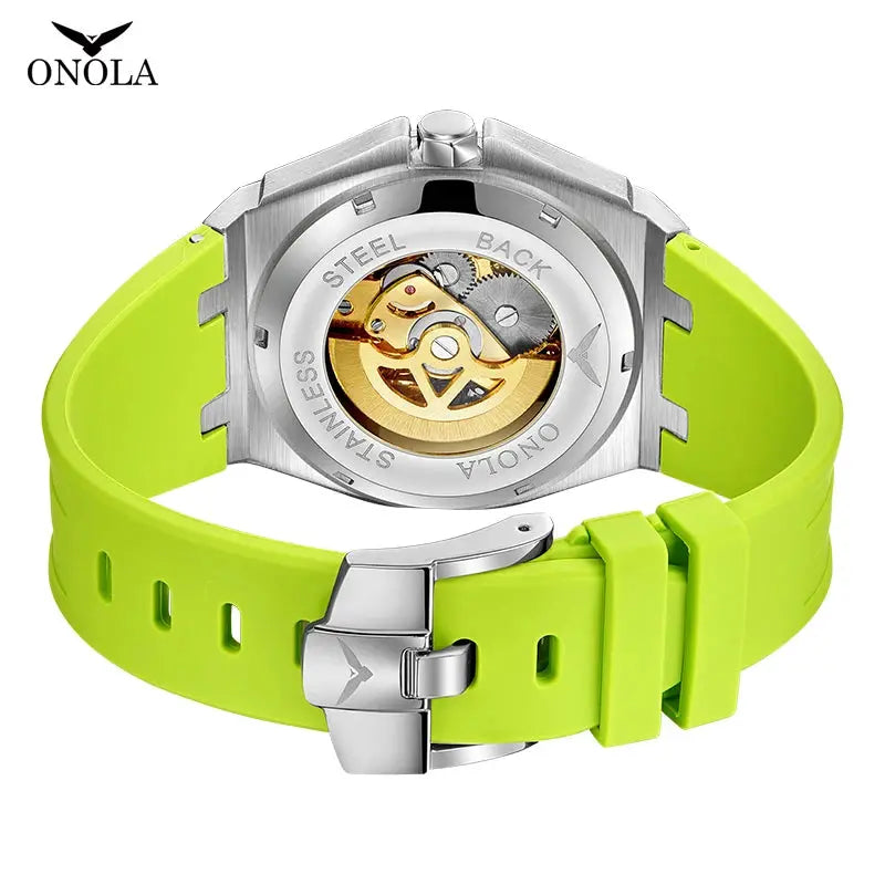 ONOLA men's luxury sports automatic wristwatch with neon lime green silicone strap and transparent case back