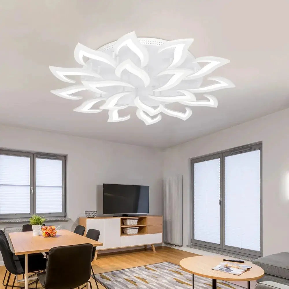 Modern LED ceiling light fixture with flower design chandelier, white petals, dimmable