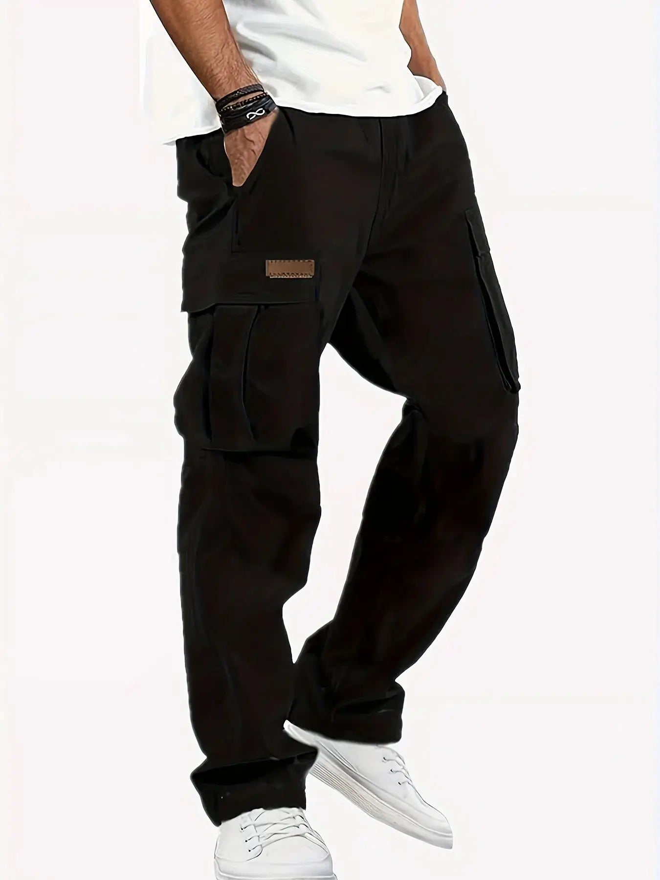 Simples Market men's black cargo pants with multiple pockets, loose straight-leg fit