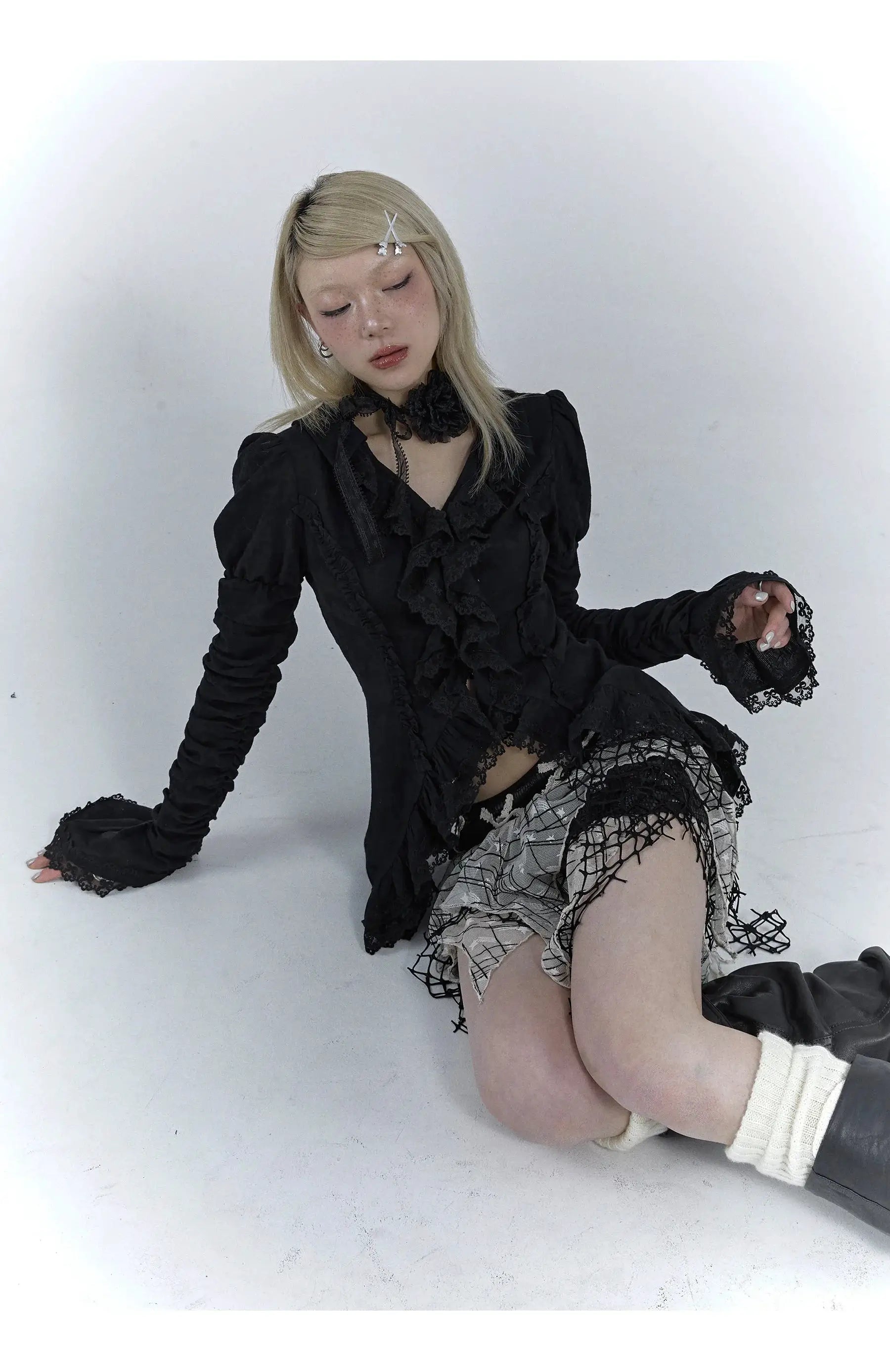 Karrcat Gothic black lace blouse with ruffles, V-neck and long flare sleeves