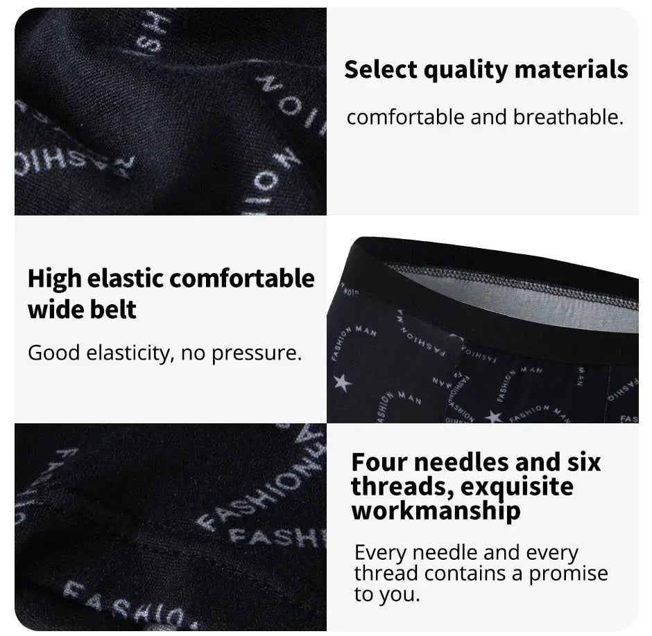 Men's printed fashion boyshort underwear set (4–5 pcs), black with white text, elastic waistband, Simples Market.