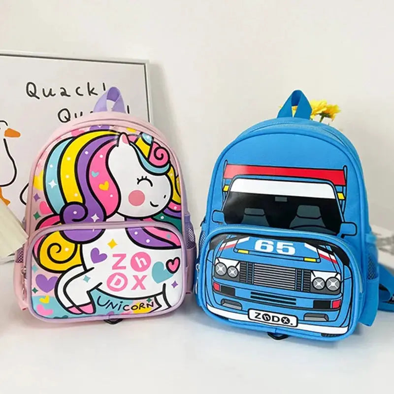 Two kids' mini backpacks: pink unicorn design and blue police car design, for kindergarten use