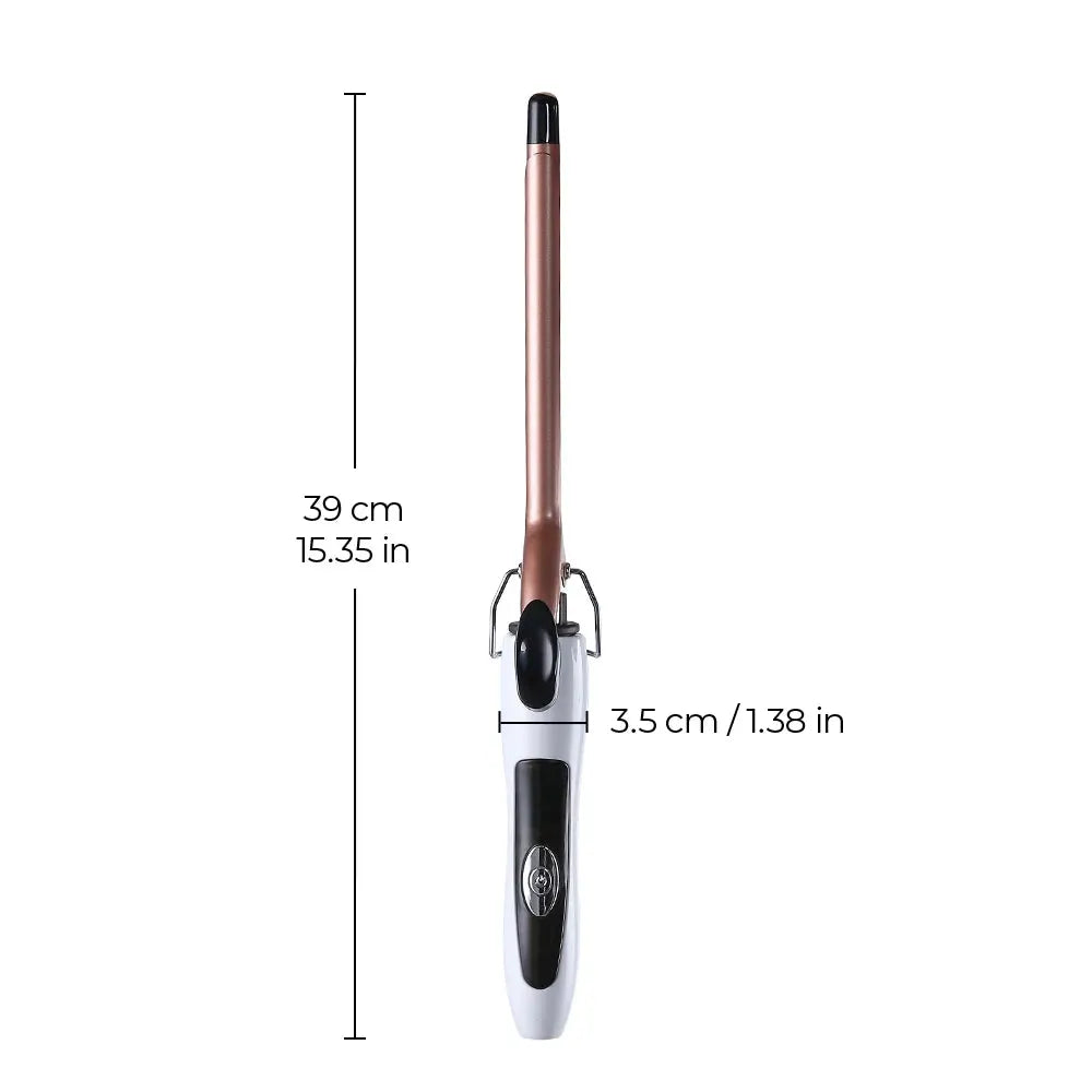 Euro-standard curling iron, 0.51-inch ultra-fine barrel with constant temp protection; rose-gold barrel, white handle.