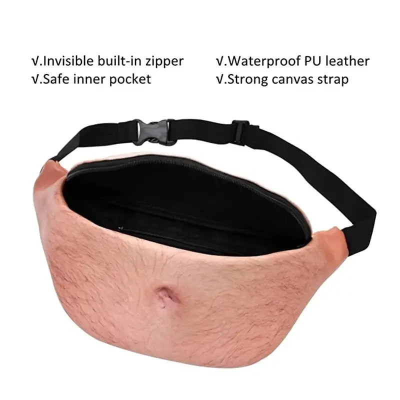 Fanny pack by Simples Market funny dad-bod flesh color with black interior and adjustable waist strap.