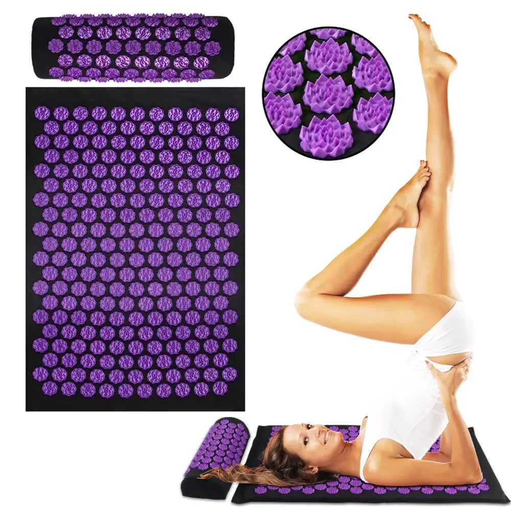 Acupressure yoga mat with purple spike discs and matching cushion pillow set for fitness and Pilates by Simples Market