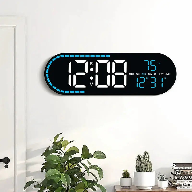Digital LED wall clock, black oval with blue dotted border, large white time digits and blue date/temperature readout