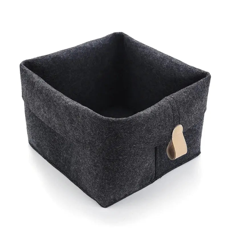 Dark gray felt storage basket, square bin with tan leather tag