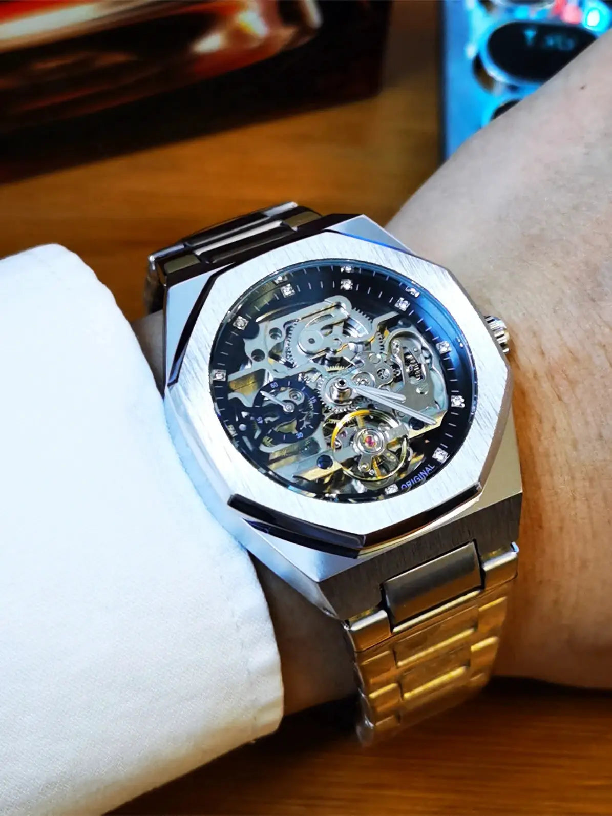 Forsining skeleton automatic watch for men, stainless steel bracelet, silver-toned case, luminous hands