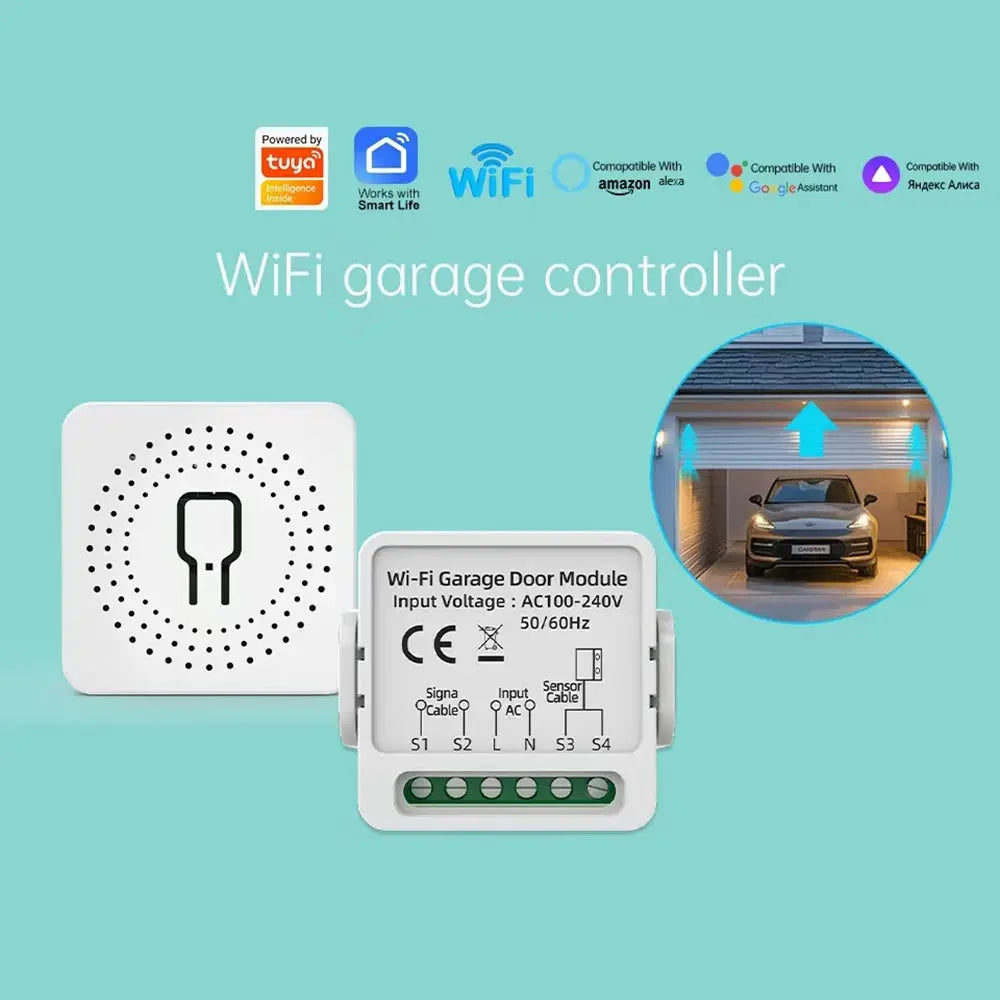Simples Market WiFi garage door controller module, white with green terminal block; Tuya/Smart Life compatible