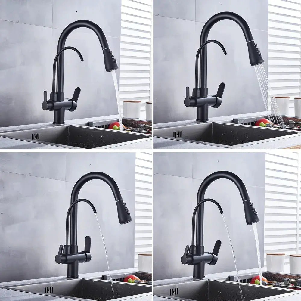 Onyzpily black matte pull-out kitchen faucet with dual handles, deck-mounted, high-arc spout