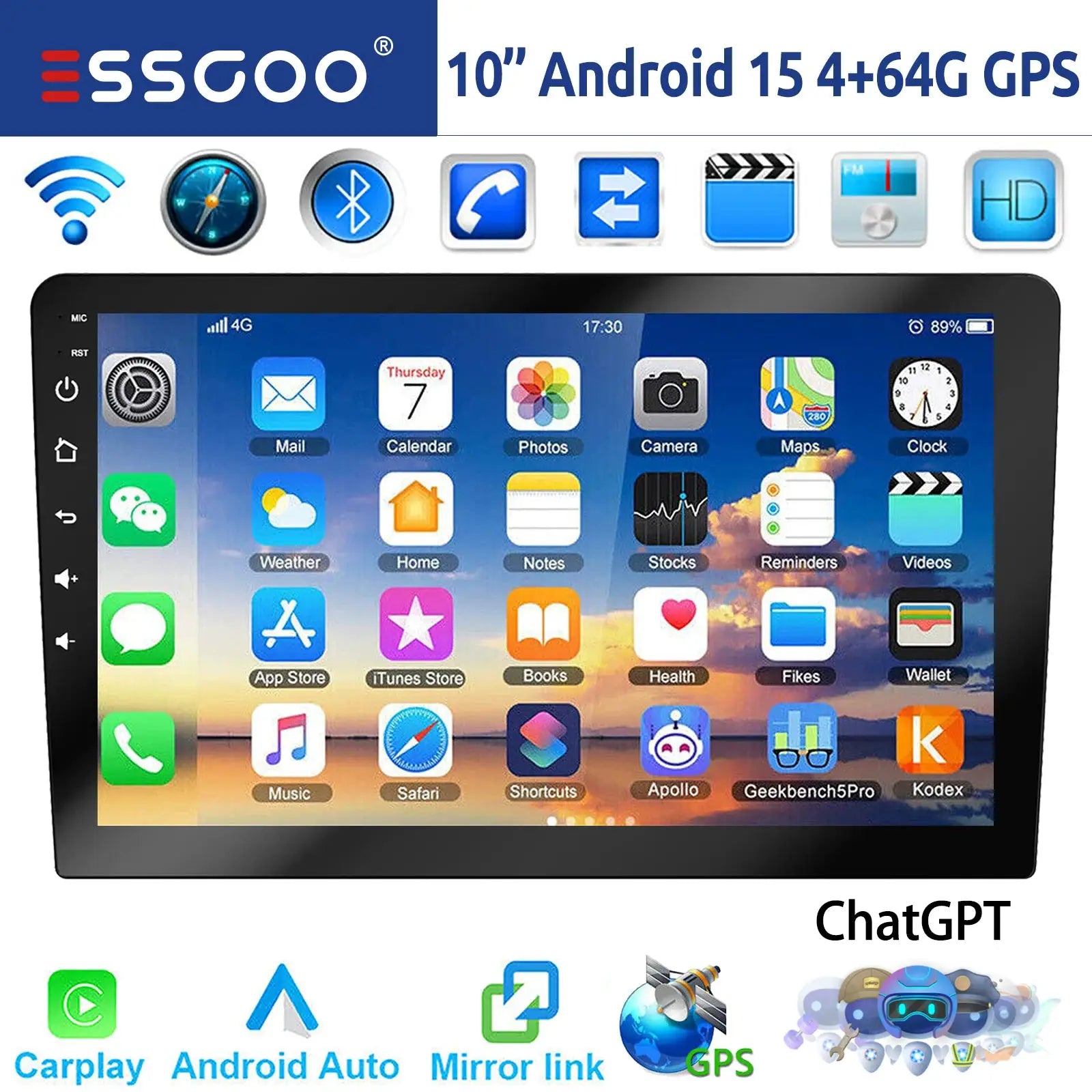 ESSGOO 10-inch Android car stereo head unit, 4+64GB, CarPlay, GPS, Bluetooth, WiFi, FM radio, touchscreen