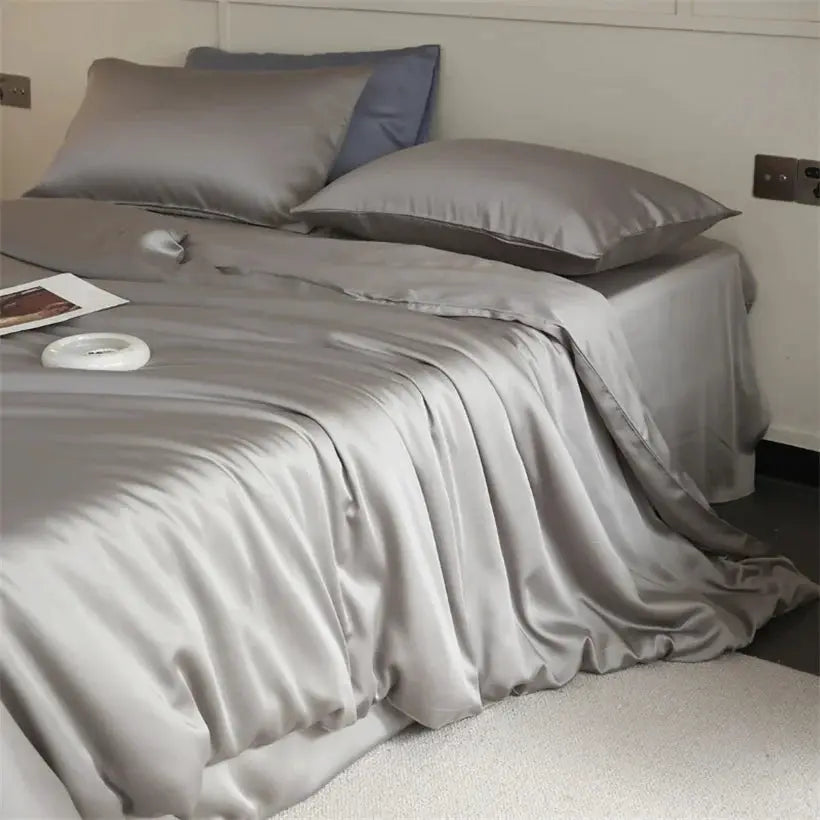 Mulberry silk bedding set by Simples Market in silver grey; 100% silk duvet cover set with sheets and pillowcases
