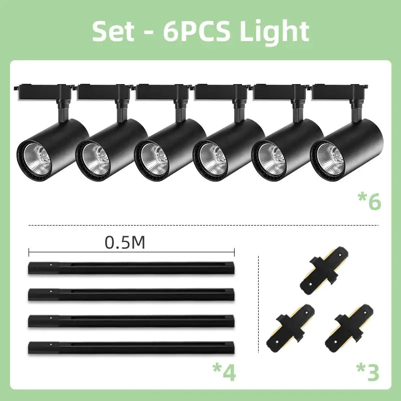 Simples Market 220V spot LED track lighting set with 6 black heads, 4x0.5m rails and 3 connectors